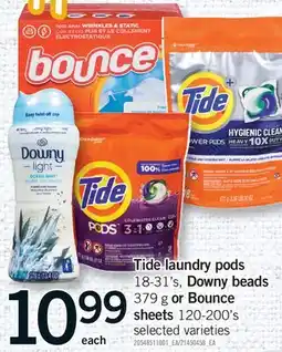 Fortinos TIDE LAUNDRY PODS, 18-31'S, DOWNY BEADS, 379 G OR BOUNCE SHEETS, 120-200'S offer