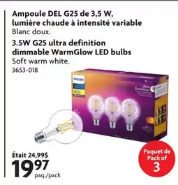 Home Hardware 3.5W G25 ultra definition dimmable WarmGlow LED bulbs offer