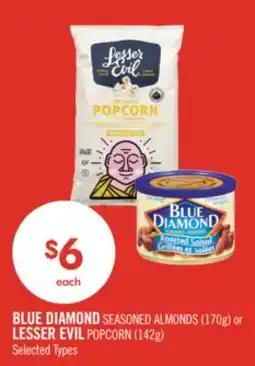 Shoppers Drug Mart BLUE DIAMOND SEASONED ALMONDS (170g) or LESSER EVIL POPCORN (142g) offer