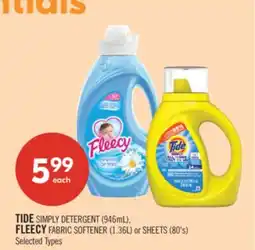Shoppers Drug Mart TIDE SIMPLY DETERGENT (946mL), FLEECY FABRIC SOFTENER (1.36L) or SHEETS (80's) offer