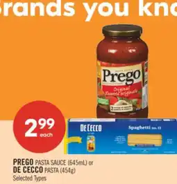 Shoppers Drug Mart PREGO PASTA SAUCE (645mL) or DE CECCO PASTA (454g) offer