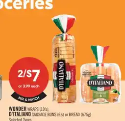Shoppers Drug Mart WONDER WRAPS (10's), D'ITALIANO SAUSAGE BUNS (6's) or BREAD (675g) offer