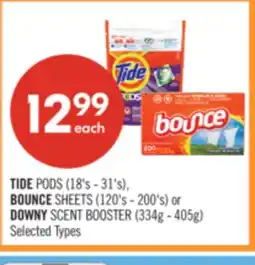 Shoppers Drug Mart TIDE PODS (18's - 31's), BOUNCE SHEETS (120's - 200's) or DOWNY SCENT BOOSTER (334g - 405g) offer