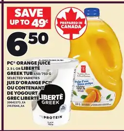 Independent City Market PC ORANGE JUICE, 2.5 L OR LIBERTÉ GREEK TUB, 650/750 g offer