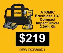 Atlas Tools & Machinery DEWALT ATOMIC Brushless 1/4 Compact Impact Driver 2.0Ah Kit offer