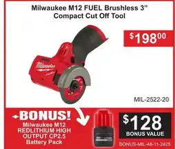 Atlas Tools & Machinery Milwaukee M12 FUEL Brushless 3 Compact Cut OffTool offer