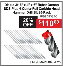Atlas Tools & Machinery Diablo 3/16 x 4 x 6 Rebar Demon SDS-Plus 4-Cutter Full Carbide Head Hammer Drill Bit 25-Pack offer