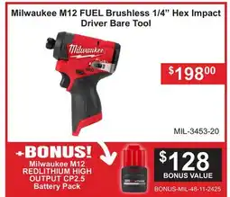 Atlas Tools & Machinery Milwaukee M12 FUEL Brushless 1/4 Hex Impact Driver Bare Tool offer