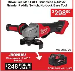 Atlas Tools & Machinery Milwaukee M18 FUEL Brushless 4-1/2/5 Grinder Paddle Switch, No-Lock Bare Tool offer