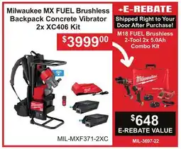 Atlas Tools & Machinery Milwaukee MX FUEL Brushless Backpack Concrete Vibrator 2x XC406 Kit offer
