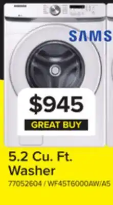 Leon's Samsung White Front Load Washer with Shallow Depth (5.2 Cu.Ft) - WF45T6000AW/A5 offer