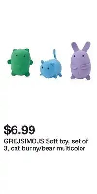 IKEA GREJSIMOJS Soft toy, set of 3, cat bunny/bear multicolor offer