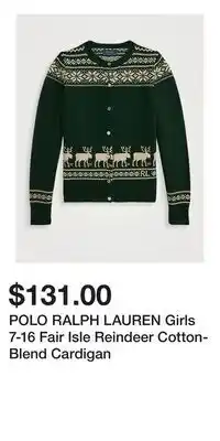 Holt Renfrew POLO RALPH LAUREN Girls 7-16 Fair Isle Reindeer Cotton-Blend Cardigan offer