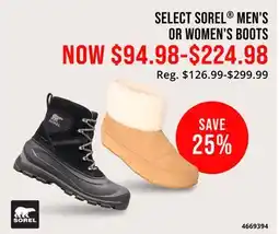 Cabela's SELECT SOREL MEN'S OR WOMEN'S BOOTS offer
