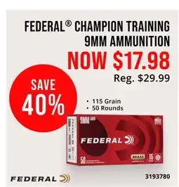 Cabela's FEDERAL CHAMPION TRAINING 9MM AMMUNITION offer