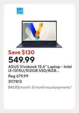 Staples ASUS Vivobook 15.6 Laptop - Intel i3-1315U/512GB SSD/8GB RAM/Windows 11 Home offer
