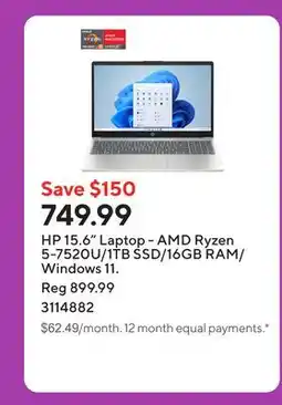 Staples HP 15.6 Laptop - AMD Ryzen 5-7520U/1TB SSD/16GB RAM/Windows 11 offer