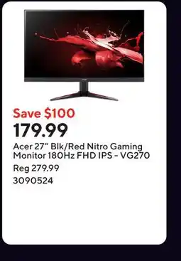 Staples Acer 27 Blk/Red Nitro Gaming Monitor 180Hz FHD IPS - VG270 offer