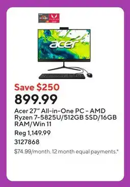 Staples Acer 27 All-in-One PC - AMD Ryzen 7-5825U/512GB SSD/16GB RAM/Win 11 offer