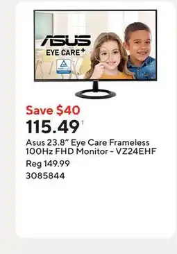 Staples Asus 23.8 Eye Care Frameless 100Hz FHD Monitor - VZ24EHF offer