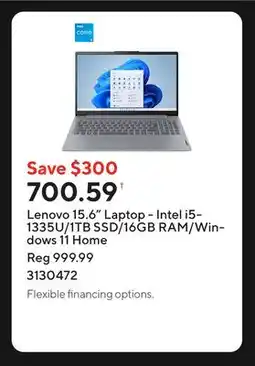 Staples Lenovo 15.6 Laptop - Intel i5-1335U/1TB SSD/16GB RAM/Windows 11 Home offer