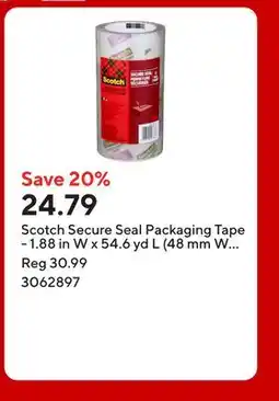 Staples Scotch Secure Seal Packaging Tape - 1.88 in W x 54.6 yd L (48 mm W x 50 m L) - 4 Roll pk offer