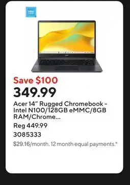 Staples Acer 14 Rugged Chromebook - Intel N100/128GB eMMC/8GB RAM/Chrome OS with 3 months of Google AI Pro offer