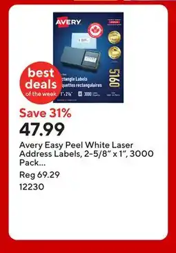 Staples Avery Easy Peel White Laser Address Labels, 2-5/8 x 1, 3000 Pack (5160) offer