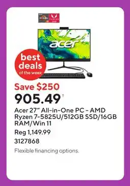 Staples Acer 27 All-in-One PC - AMD Ryzen 7-5825U/512GB SSD/16GB RAM/Win 11 offer