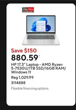 Staples HP 17.3 Laptop - AMD Ryzen 5-7530U/1TB SSD/16GB RAM/Windows 11 offer