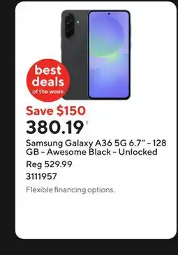 Staples Samsung Galaxy A36 5G 6.7 - 128 GB - Awesome Black - Unlocked offer