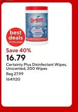 Staples Certainty Plus Disinfectant Wipes, Unscented, 200 Wipes offer