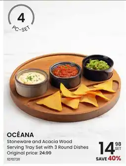 Stokes OCÉANA Stoneware and Acacia Wood Serving Tray Set with 3 Round Dishes offer