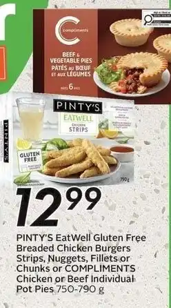 Sobeys Pinty's eat well gluten free breaded chicken burgers strips, nuggets, fillets or chunks or compliments chicken offer