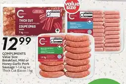 Sobeys Compliments value size breakfast, mild or honey garlic pork sausage or thick cut bacon offer