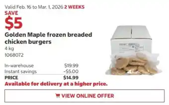 Costco Golden Maple frozen breaded chicken burgers offer