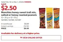 Costco Munchies honey sweet trail mix, salted or honey roasted peanuts offer