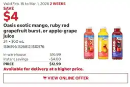 Costco Oasis exotic mango, ruby red grapefruit burst, or apple-grape juice offer
