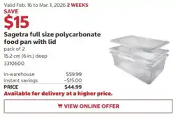 Costco Sagetra full size polycarbonate food pan with lid offer
