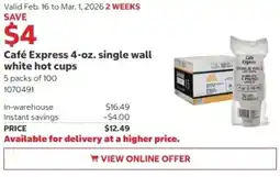 Costco Café Express single wall white hot cups offer