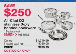 Costco All-Clad D3 stainless 3-ply bonded cookware 13-piece set offer
