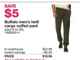 Costco Buffalo men's twill cargo cuffed pant offer