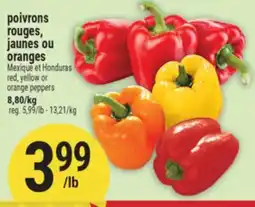 Marché Adonis POIVRONS ROUGES, JAUNES OU ORANGES | MEXIQUE ET HONDURAS RED, YELLOW OR ORANGE PEPPERS offer