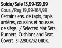 Canadian Tire MotoMaster Selected Mat Sets, Runners, Cushions and Seat Covers offer