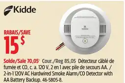 Canadian Tire Kidde 2-in-1 120V AC Hardwired Smoke Alarm/CO Detector with AA Battery Backup offer