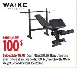 Canadian Tire WA:KE Athletic Bench with 100-lb Weight Set and Barbell offer