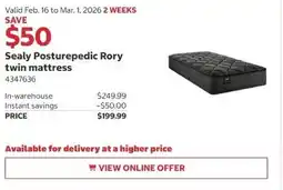 Costco Sealy Posturepedic Rory twin mattress offer