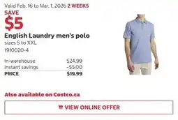 Costco English Laundry men's polo offer