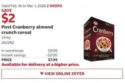 Costco Post Cranberry almond crunch cereal offer