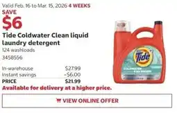 Costco Tide Coldwater Clean liquid laundry detergent offer